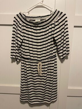 Off-Shoulder Black and White Striped Freeloader Women’s Dress